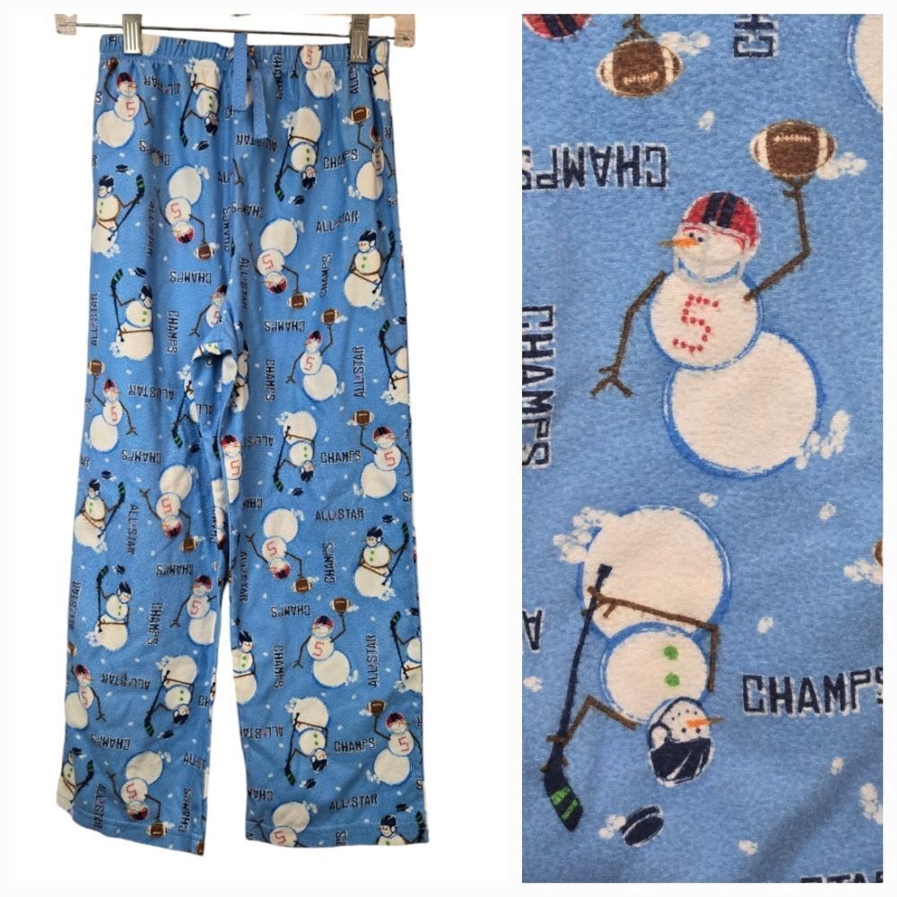 Boys Flannel Pajama Bottoms Sporty Snowman Football Hockey Player Winter Pj Pant